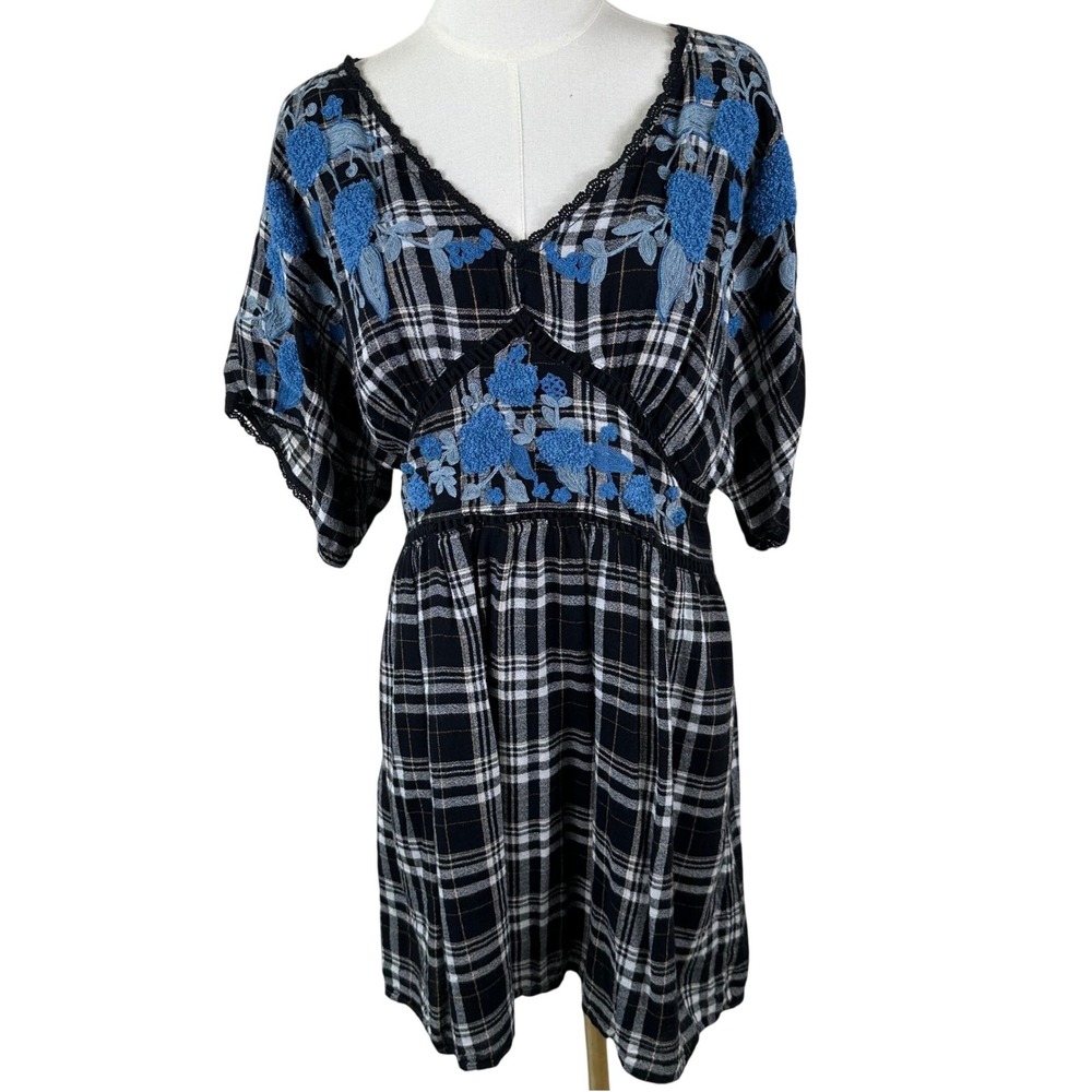 Anthropologie Sarah Plaid Embroidered Dress 14P Black Babydoll Tunic Mini Boho